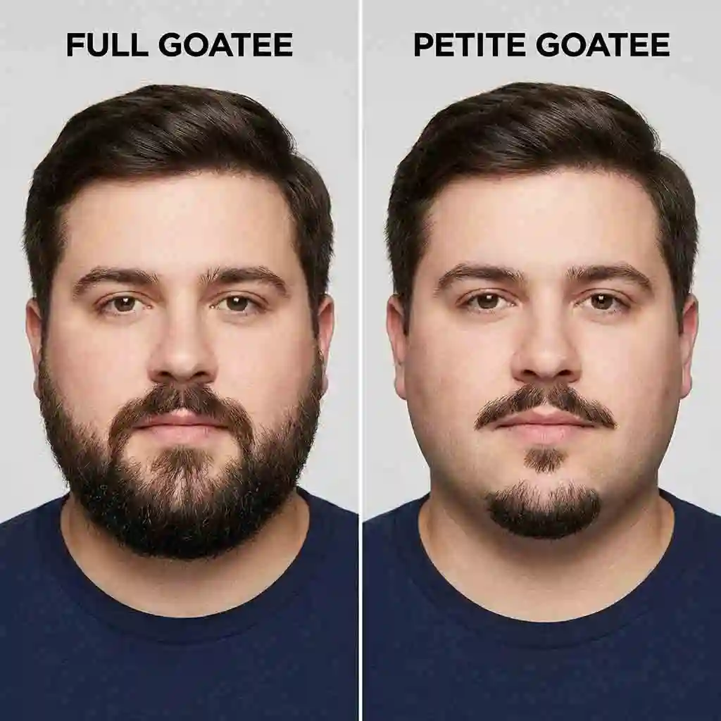 A side-by-side comparison of the Full Goatee and Petite Goatee styles, both of which are excellent options for the best beard for round face depending on your hair density and preference.