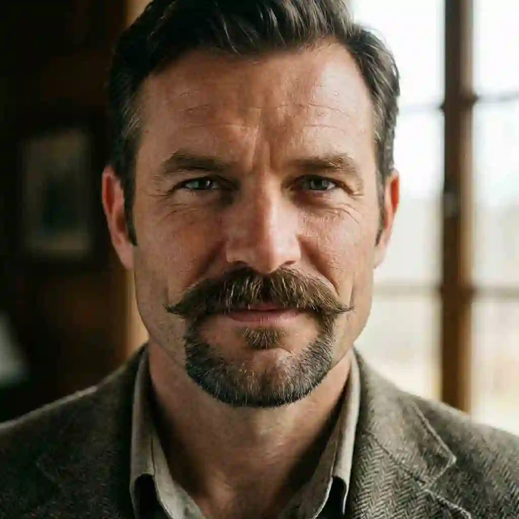 The Royal Beard featuring a chin strip and mustache, a minimalist style that complements a strong jaw as the best beard for your face shape.