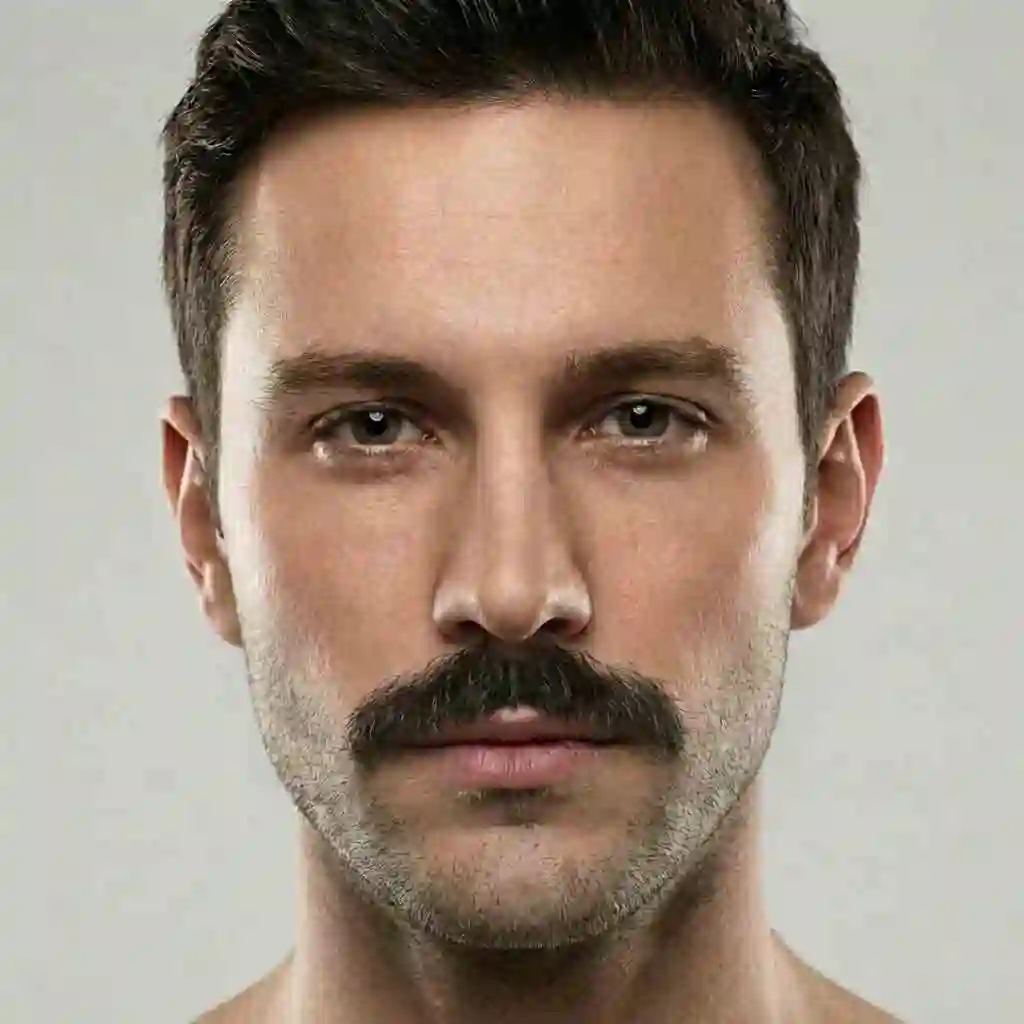 A classic chevron mustache combined with light stubble offering a unique and distinguished look for those finding the best beard for your face shape.