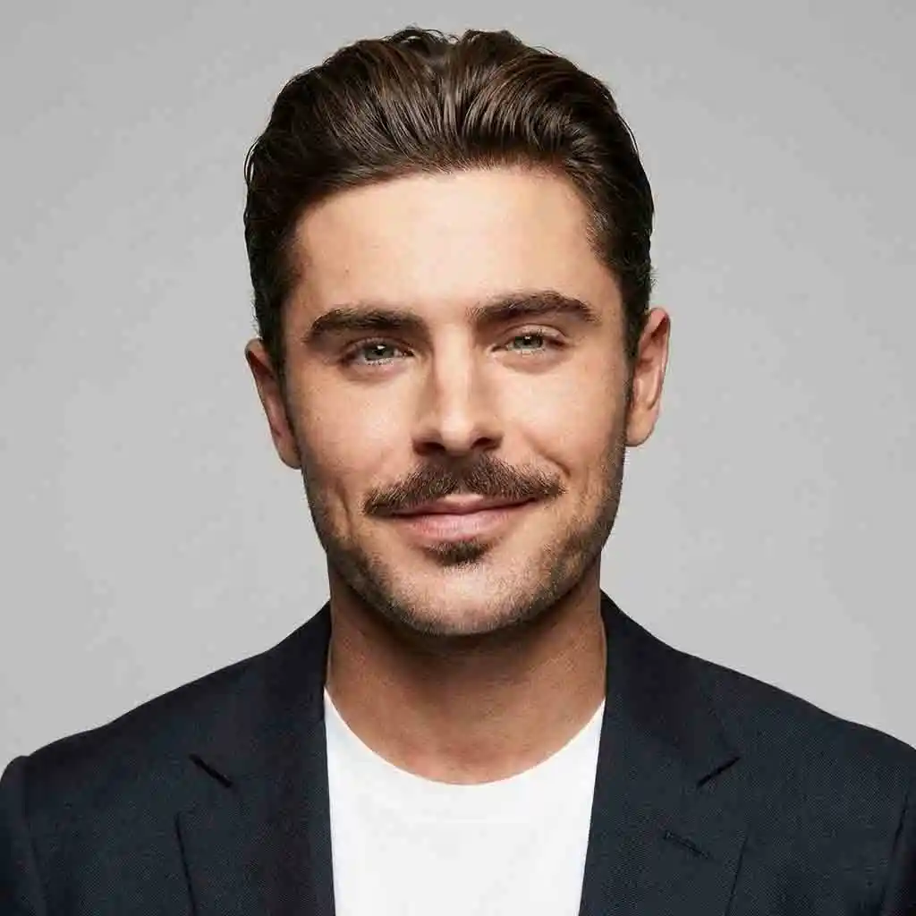 Zac Efron’s modern Van Dyke featuring a disconnected mustache, softened lines, and balanced proportions that transition his image from youthful idol to mature leading man with contemporary grooming refinement.