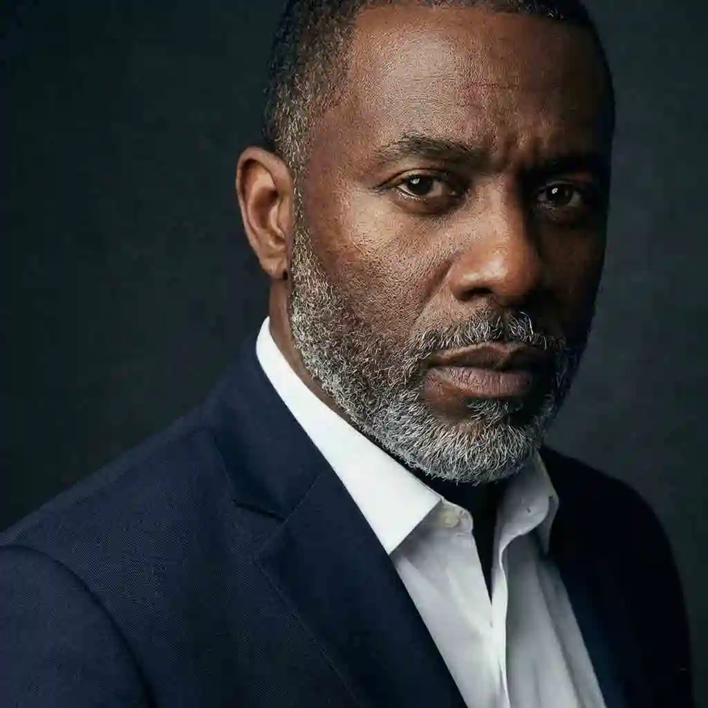 Idris Elba’s authoritative disconnected mustache with dignified gray tones, controlled thickness, and clear mouth-corner separation, projecting leadership, maturity, and power through deliberate modern beard architecture.