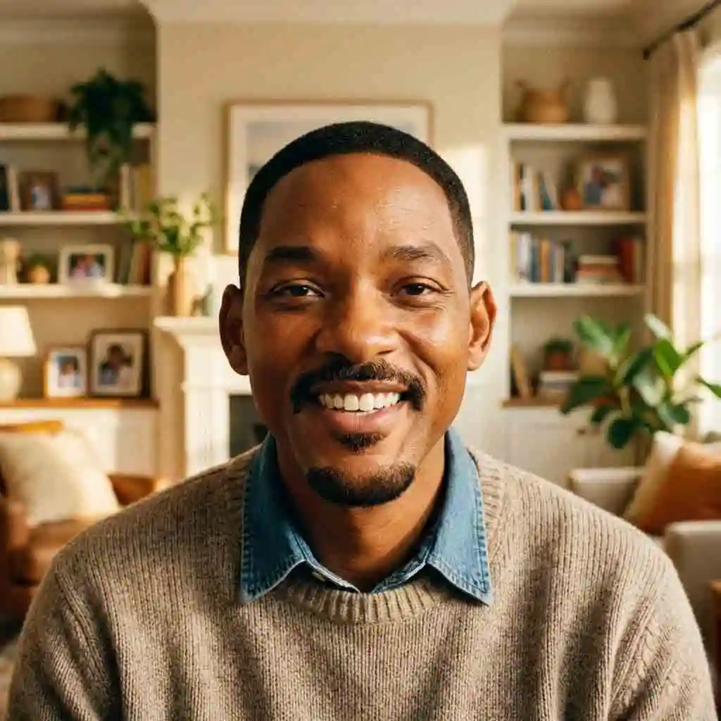 Will Smith’s friendly disconnected mustache with rounded boundaries, short lengths, and soft transitions, engineered for universal likability and approachable, family-forward grooming without harsh, angular contours.