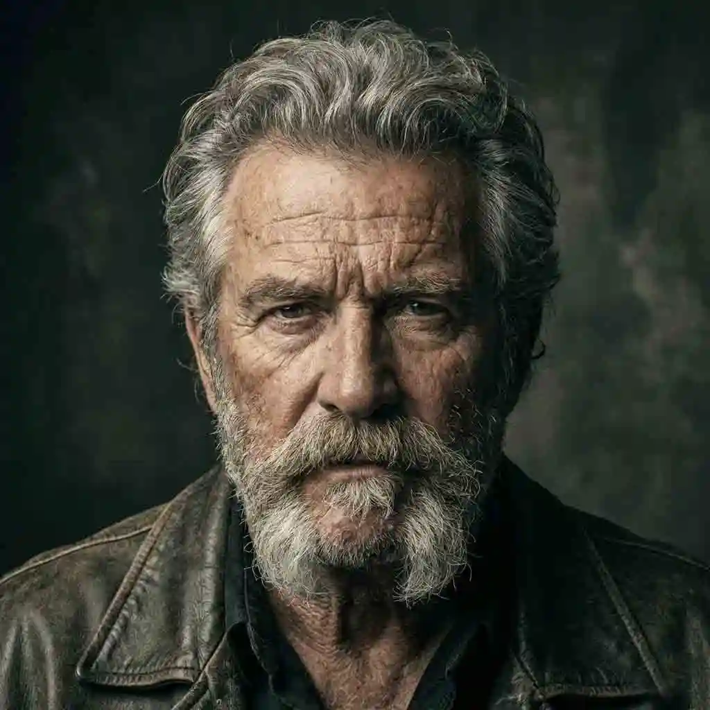 Mel Gibson’s classic disconnected mustache integrated with gray, old-school Van Dyke proportions, minimal sideburns, and fluffy texture that honors timeless tough-guy aesthetics and mature masculine presence.
