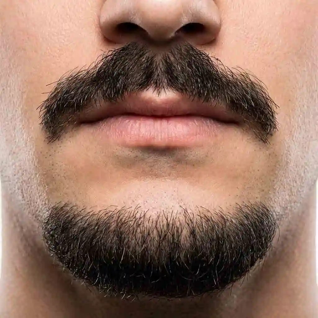 Close-up portrait focusing on a disconnected mustache gap, crisp corner trimming, and minimal stubble transitions that define a floating mustache look with clear mustache-goatee separation and refined jawline framing.
