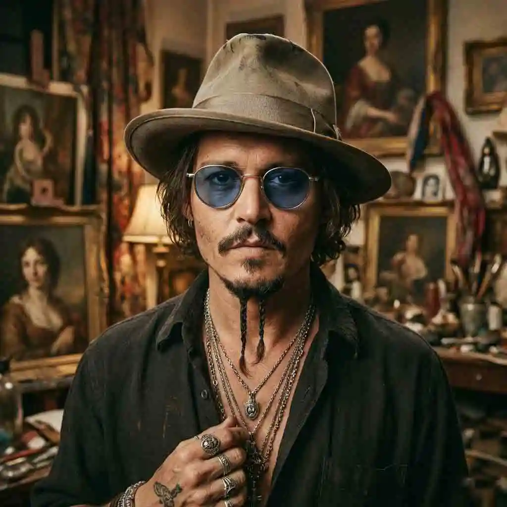 Johnny Depp’s bohemian Van Dyke interpretation with a disconnected mustache, featuring sparse texture, separated goatee geometry, and artistic asymmetry that delivers a vintage, grungy, and expressive grooming statement.