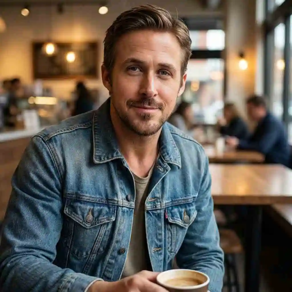Ryan Gosling’s subtle, stubble-driven disconnected mustache created by a narrow shaved gap, maintaining 1–3 mm length for relaxed masculinity while clean cheeks and neck ensure deliberate, designed facial hair separation.