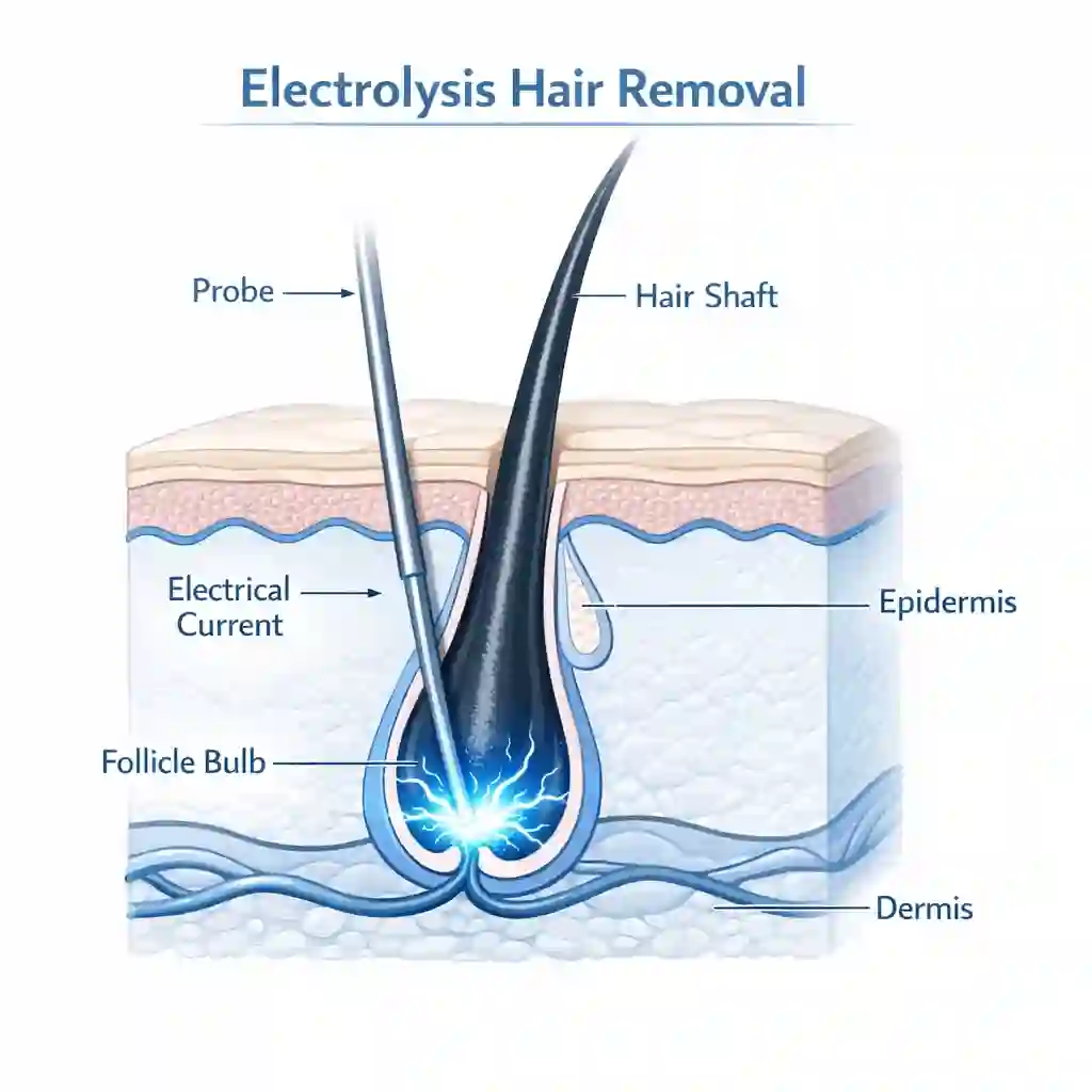 Illustration showing a tiny probe inserted into a beard follicle to deliver electrical current, demonstrating the manual permanent destruction process when comparing electrolysis vs laser hair removal.