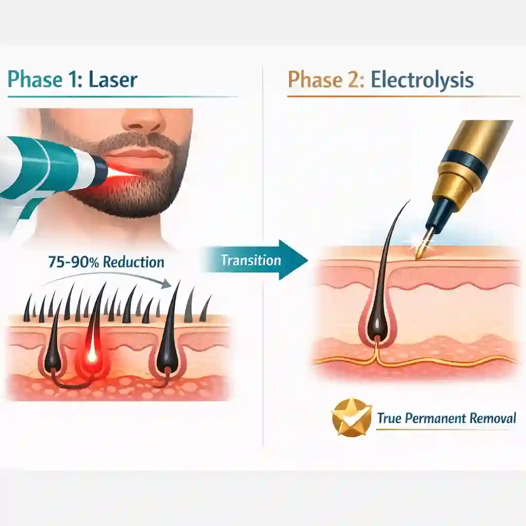 A timeline graphic showing the effective hybrid strategy of starting with fast laser sessions and finishing with detailed electrolysis vs laser hair removal alone for saving time and money.