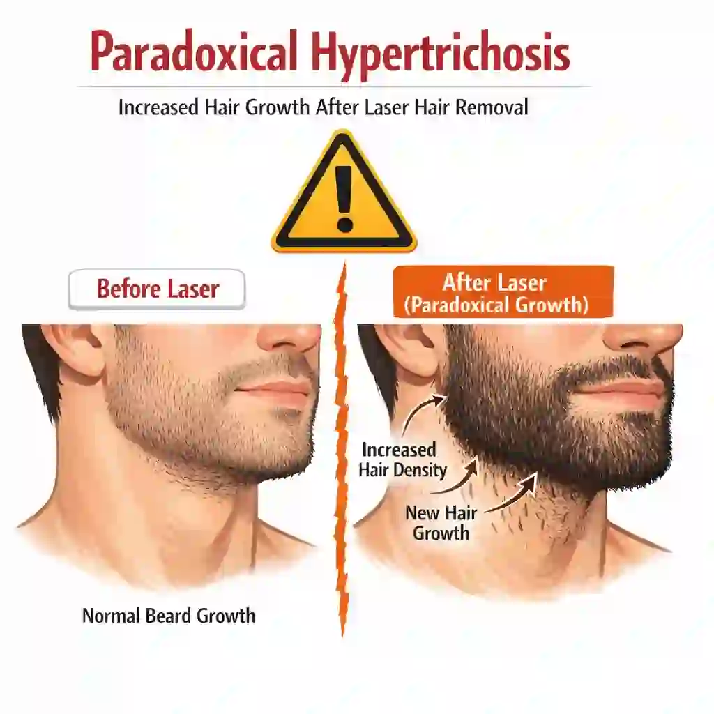 Visual warning of paradoxical hypertrichosis side effects on the neck, an unexpected growth stimulation risk that makes analyzing the pros and cons of electrolysis vs laser hair removal essential.