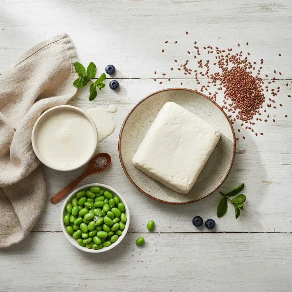 A display of healthy soy products like tofu, explaining their potential role in regulating androgen levels for a long-term dietary approach on how to get rid of 5 o clock shadow.