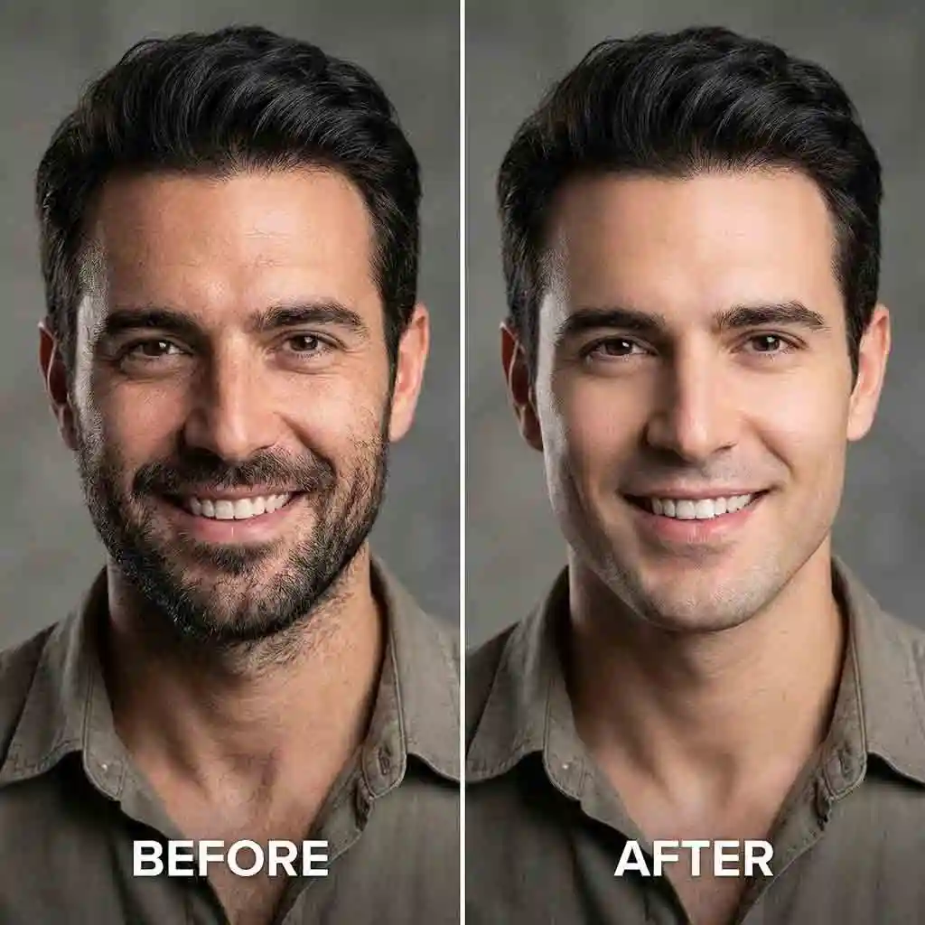 Before and after comparison using the AI beard remover tool, showing how to get rid of 5 o clock shadow digitally in photos for a clean-shaven look without shaving.