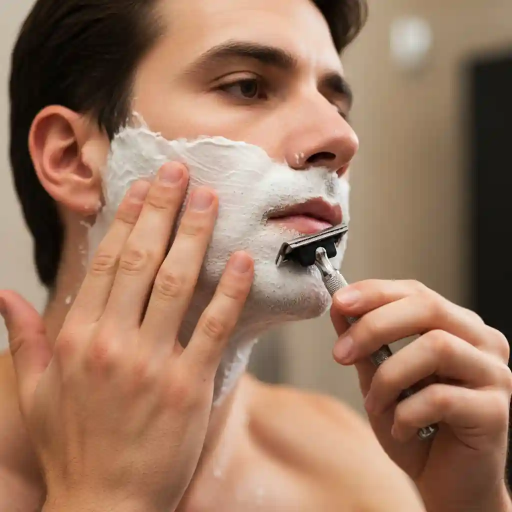 Close-up visual of a man shaving while stretching his skin taut with one hand, a key professional technique for achieving a closer shave and how to get rid of 5 o clock shadow.