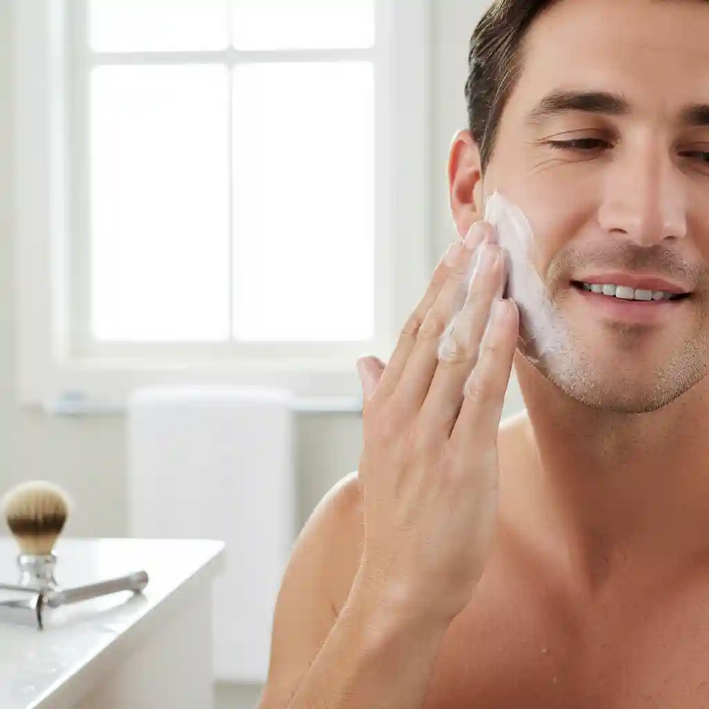 Man applying soothing alcohol-free aftershave balm to his face to reduce irritation and close pores, a vital post-shave step in the routine of how to get rid of 5 o clock shadow.
