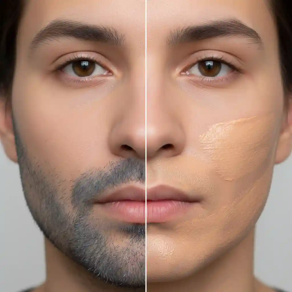 Makeup application demonstration using a peach-toned color corrector to neutralize the blue tones of facial hair, serving as an emergency fix for how to get rid of 5 o clock shadow.