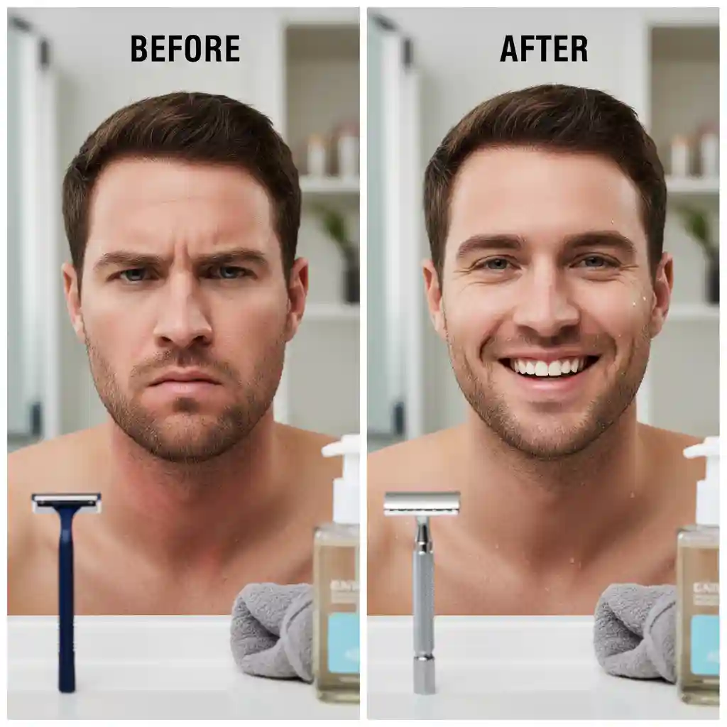 A frustrated man looking in the mirror inspecting redness and razor bumps on his neck, demonstrating why learning how to get the cleanest shave is essential for avoiding common skin irritation and discomfort.