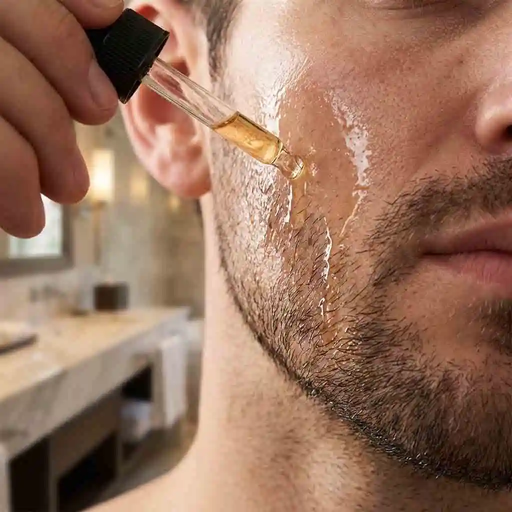 Applying a generous amount of pre-shave oil to create a smooth protective barrier on the skin, a vital technique for mastering how to get the cleanest shave without causing any unwanted razor burns.