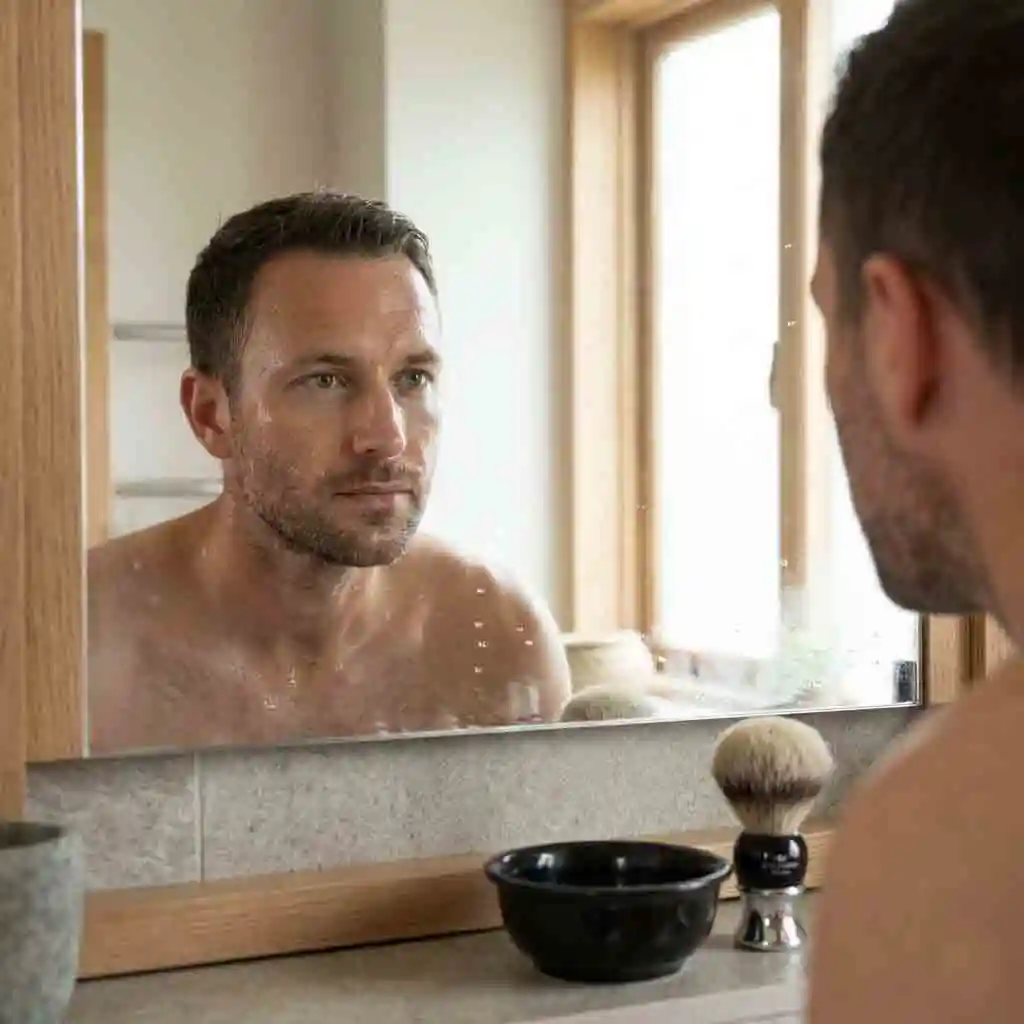 A man with sensitive skin carefully preparing his face for grooming, highlighting why proper skin preparation is mandatory when you are learning how to get the cleanest shave to prevent irritation and bumps.