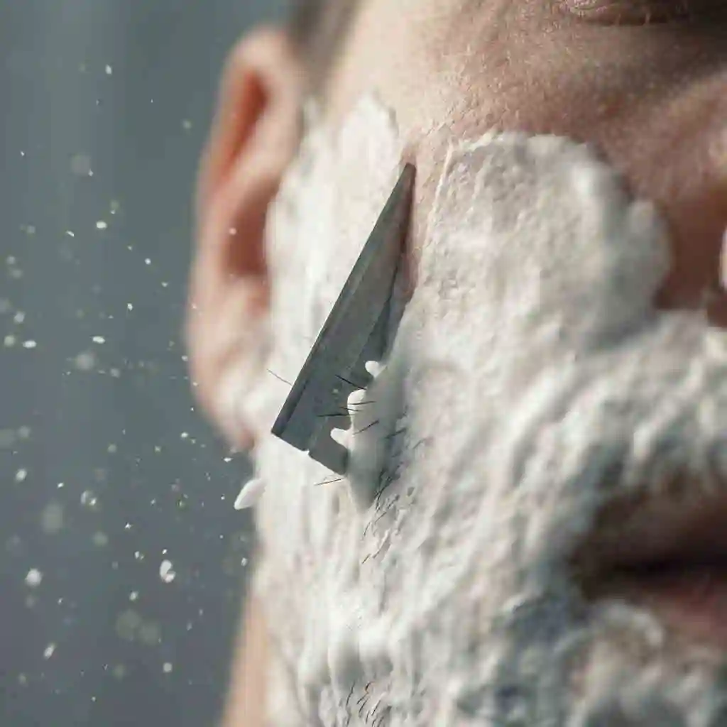 A super macro shot of a sharp razor blade gliding effortlessly over the skin, demonstrating that using light pressure is the secret to how to get the cleanest shave without nicks or cuts.