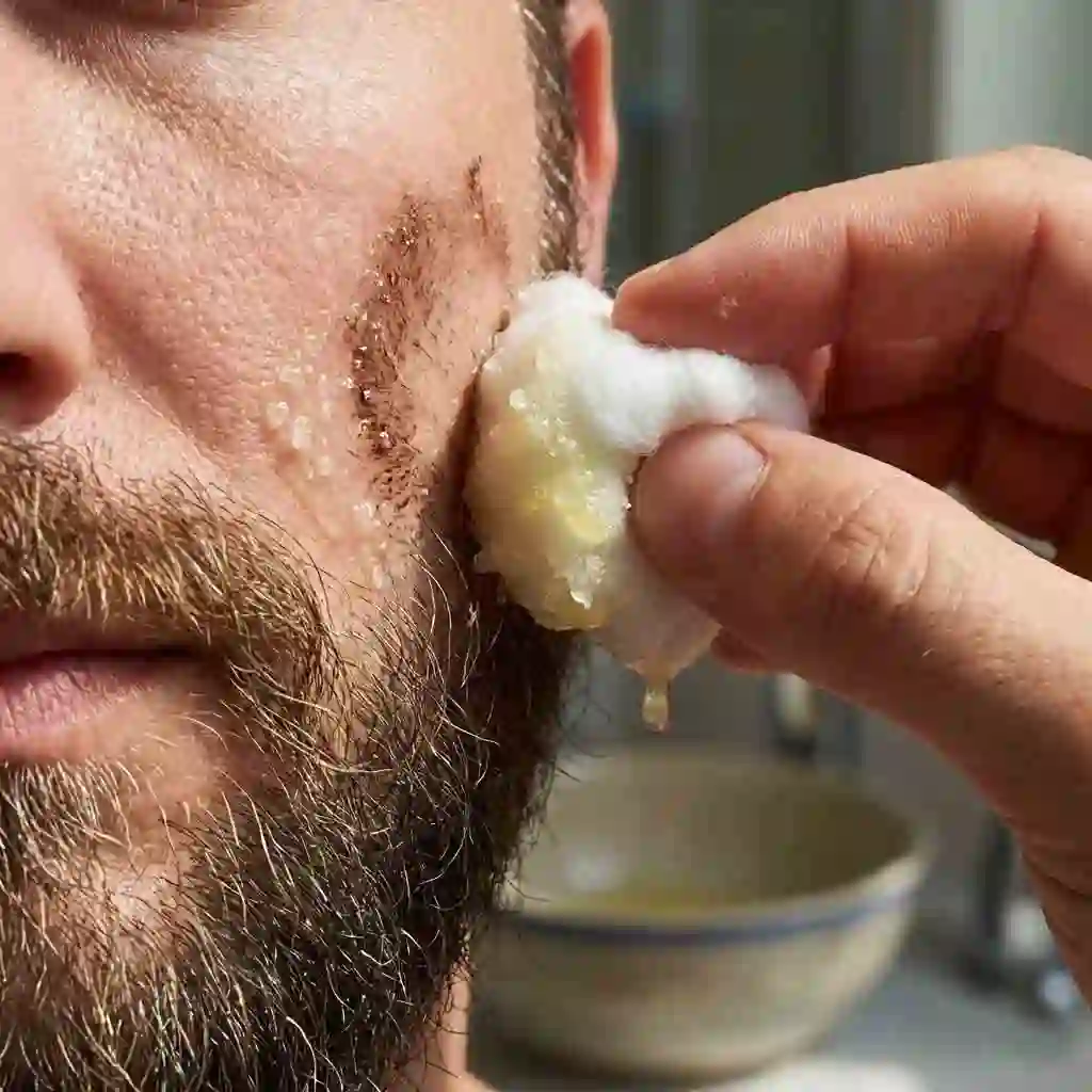 Using a cotton ball to gently scrub the lemon and salt mixture onto the skin, a gentle technique for how to remove beard dye stains effectively.