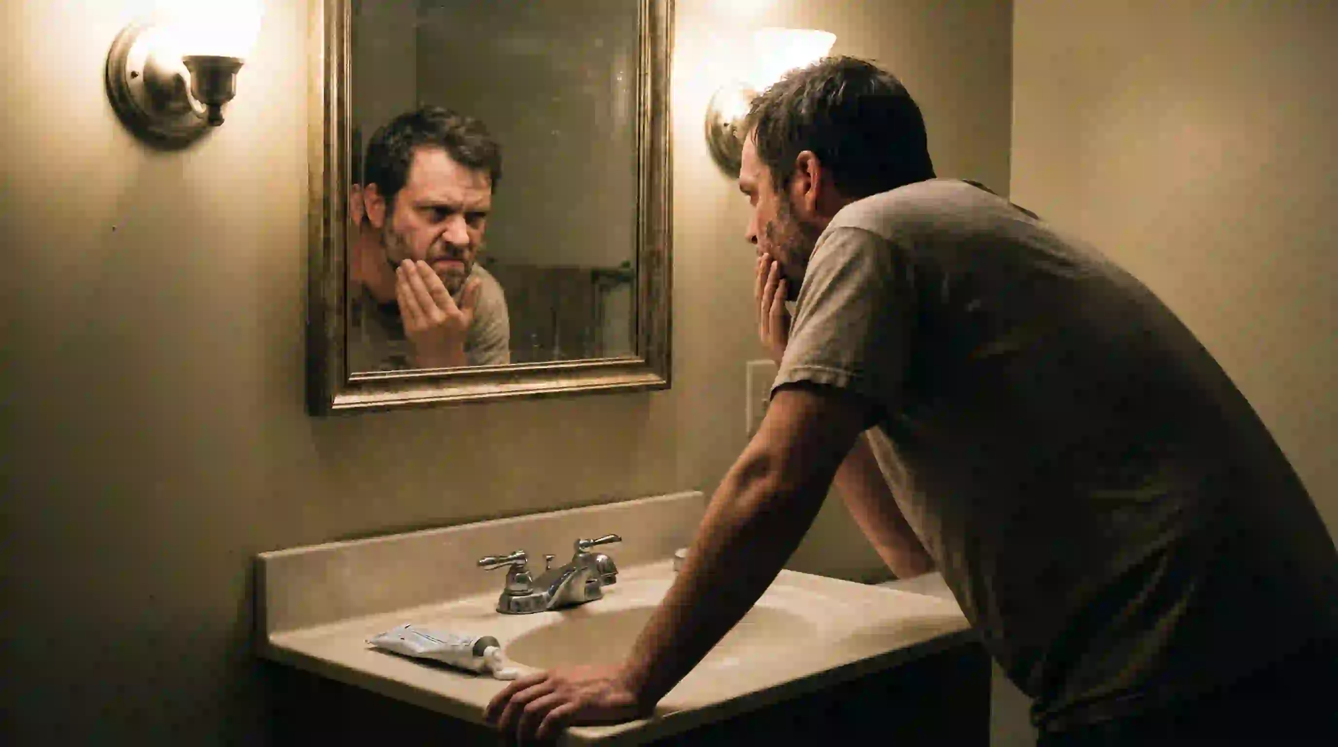 A frustrated man looking in the mirror wondering how to remove patchy beard and achieve a fuller, more confident look with proper grooming techniques.
