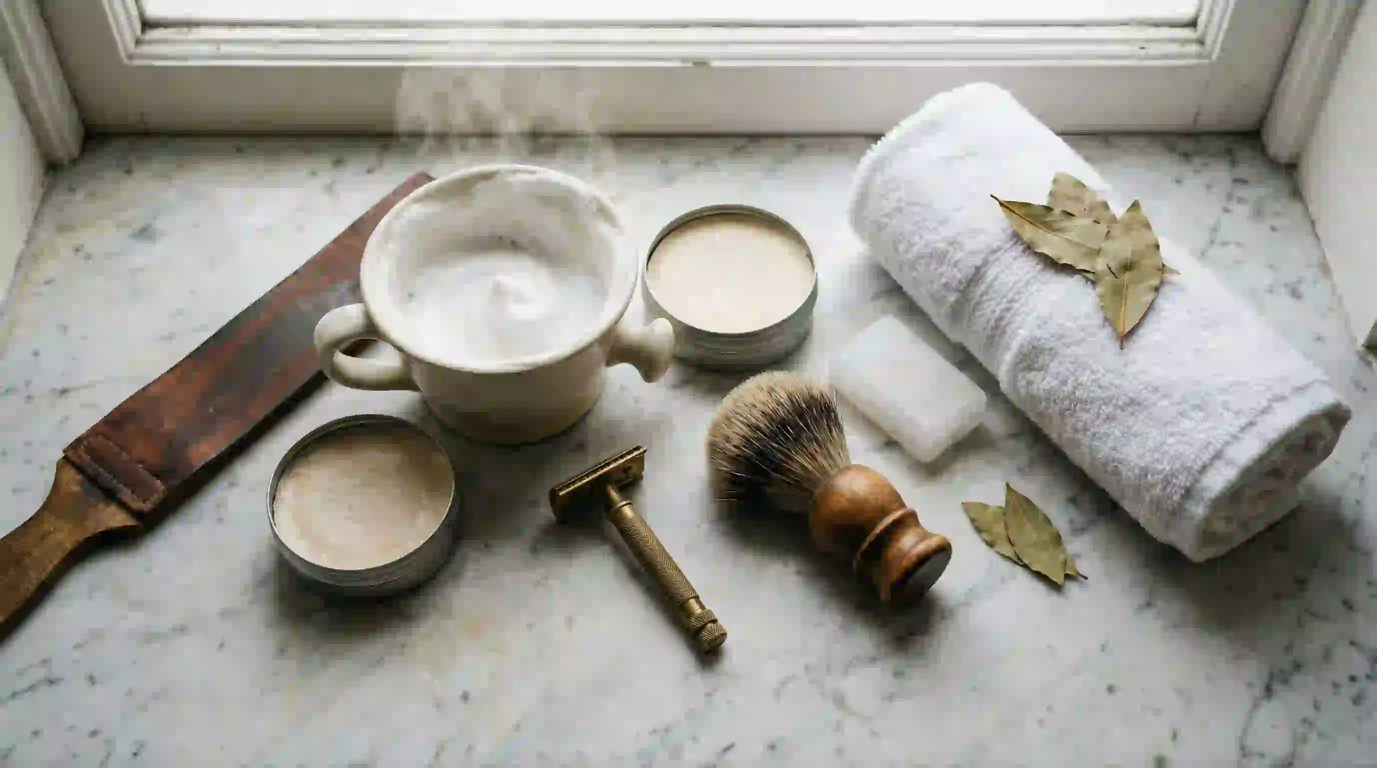 Essentail wet shaving tools including a brush and razor for a smooth finish when you decide how to remove patchy beard by shaving it off.