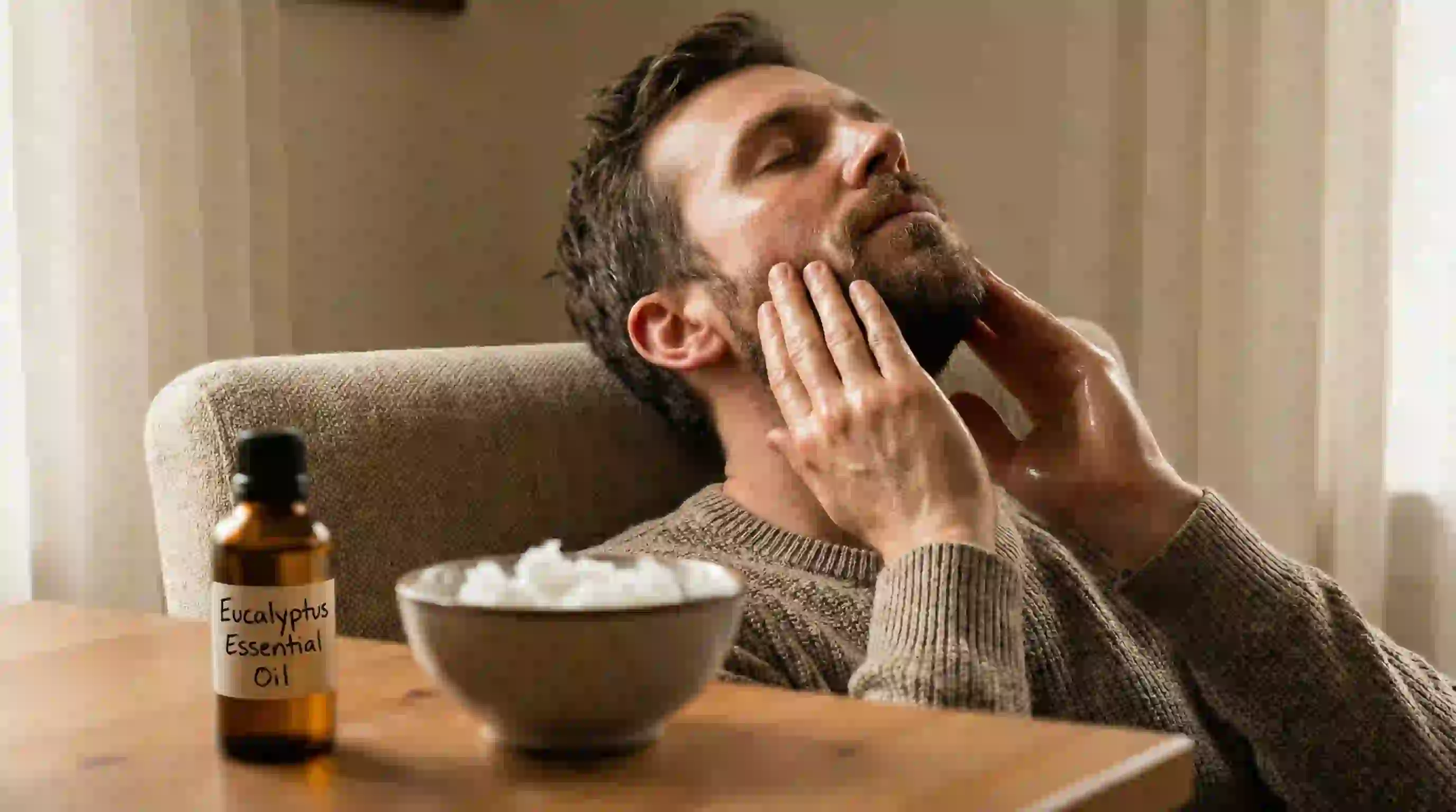 Essential oils like eucalyptus being prepared for a beard massage to stimulate growth and help with the process of how to remove patchy beard.