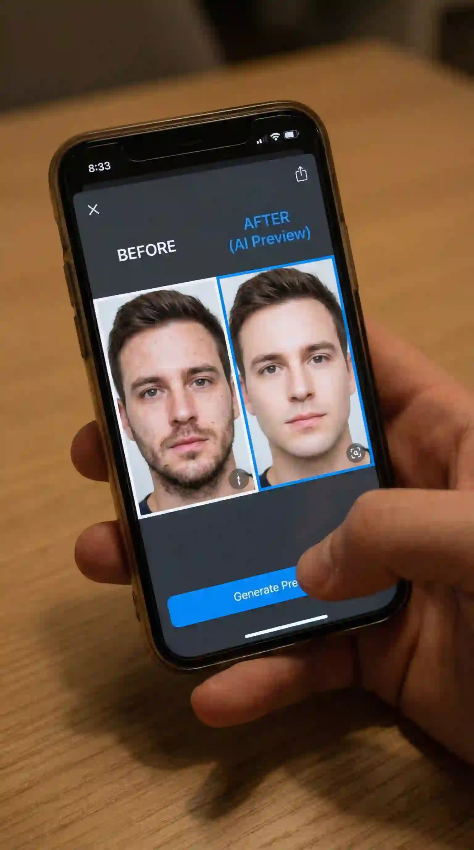 A man using an AI app to preview a clean-shaven look, identifying the best way to handle how to remove patchy beard before making a change.