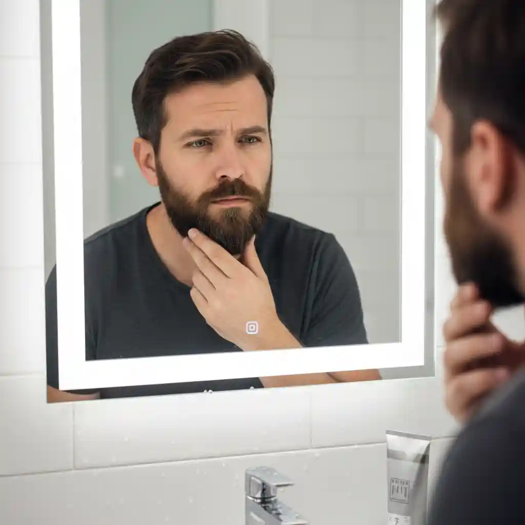 A man standing confidently in front of a mirror preparing to learn how to shave into a goatee, highlighting the focus and precision required for this grooming task to achieve a sharp and professional look.