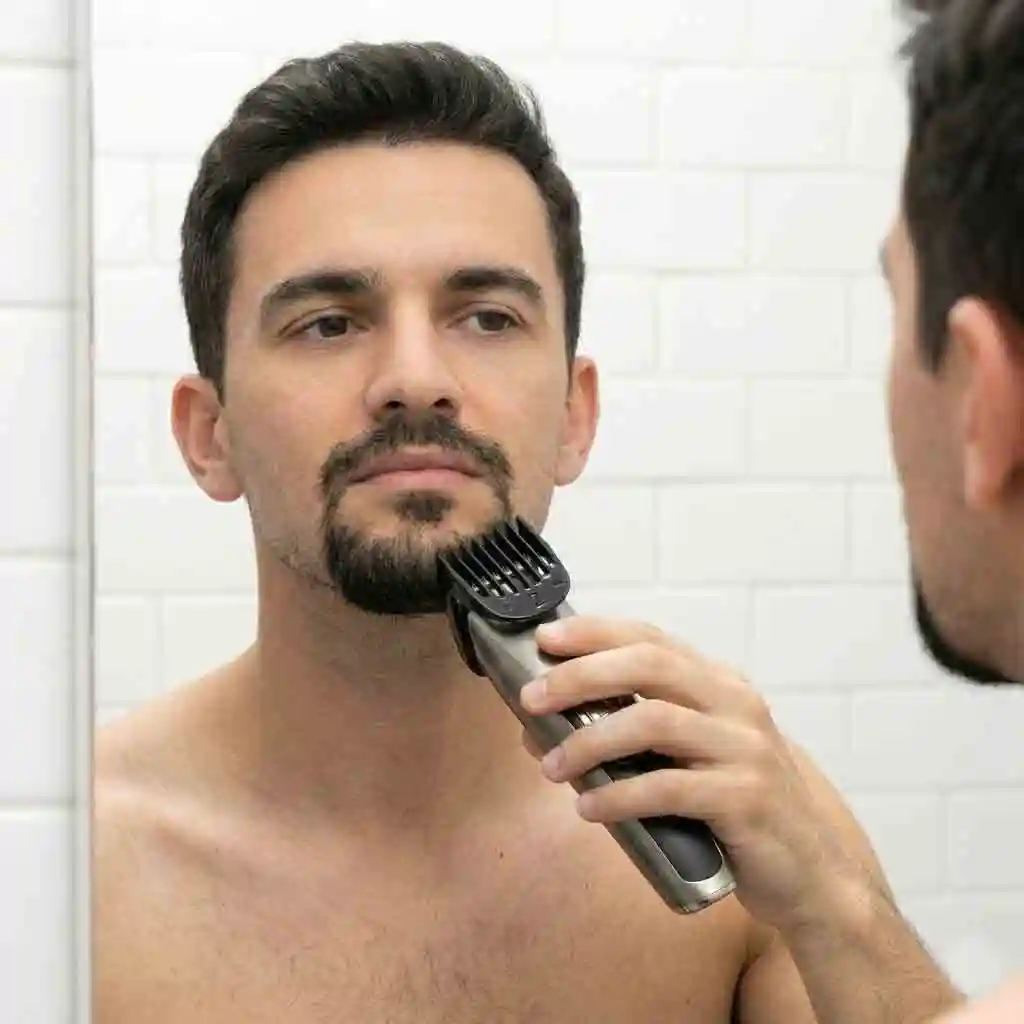 A man using a trimmer with a guard to maintain the length of his goatee, illustrating the ongoing grooming routine required to keep the look fresh after mastering how to shave into a goatee.