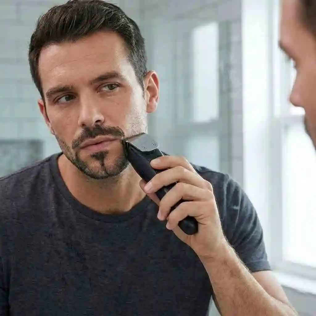 A close-up of a man using an electric trimmer to cut his beard to a uniform length, establishing the base layer before starting the detailed steps of how to shave into a goatee shape.