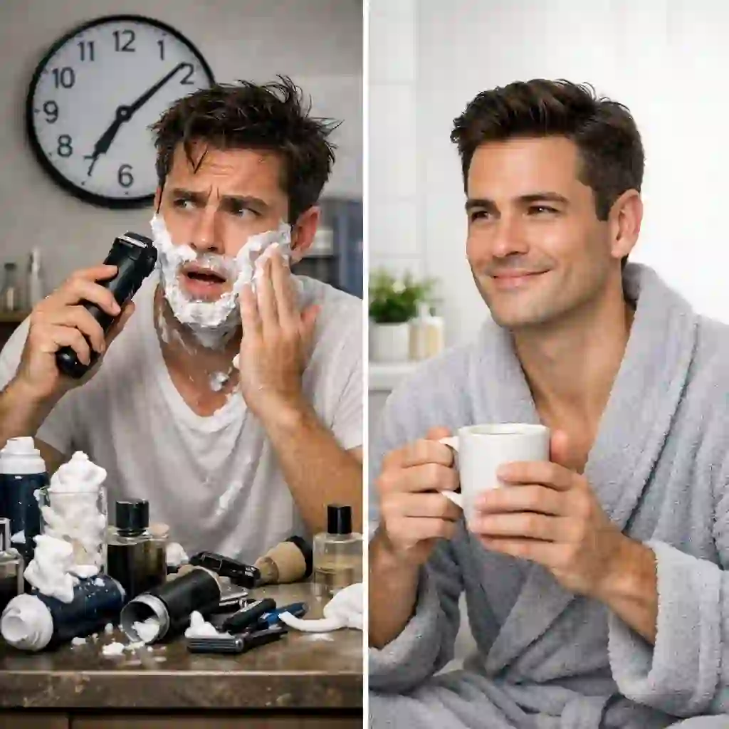 Man enjoying a quick, hassle-free morning routine after completing his laser for beard removal sessions, saving over a thousand hours of shaving time throughout his lifetime