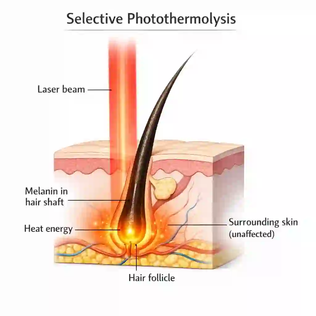 Diagram illustrating selective photothermolysis, the scientific principle behind laser for beard removal, where concentrated light energy targets melanin to destroy hair follicles precisely