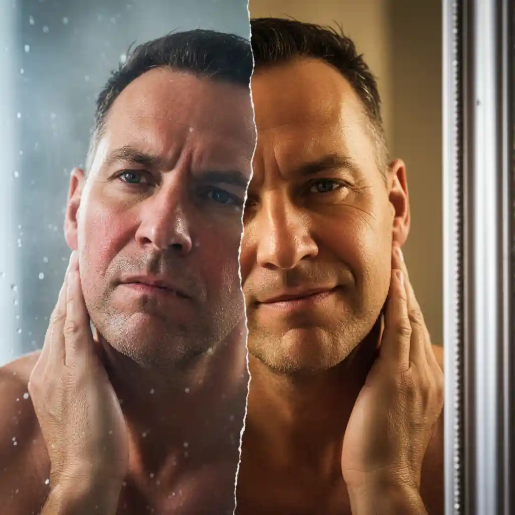 A professional man in a suit looking concerned, illustrating common myths and misconceptions about permanent facial hair removal for men that need to be debunked before starting treatment.