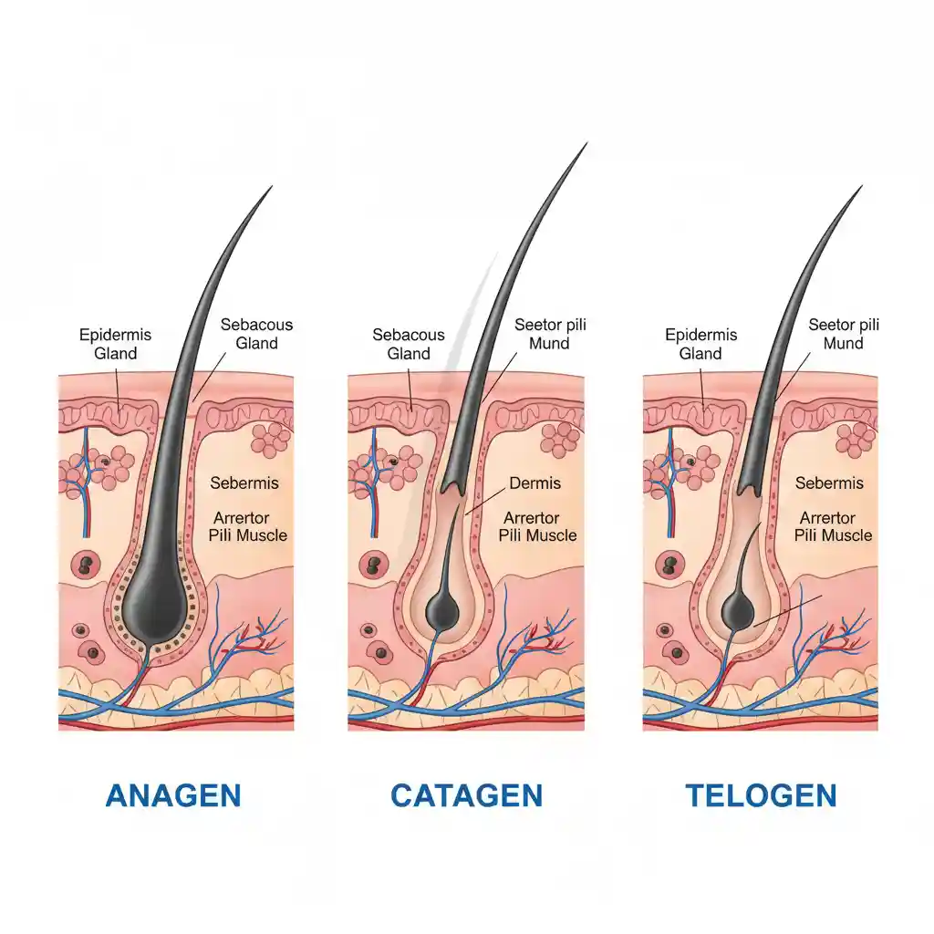 Diagram showing the three stages of hair growth—Anagen, Catagen, and Telogen—explaining why multiple sessions are needed for effective permanent facial hair removal for men.