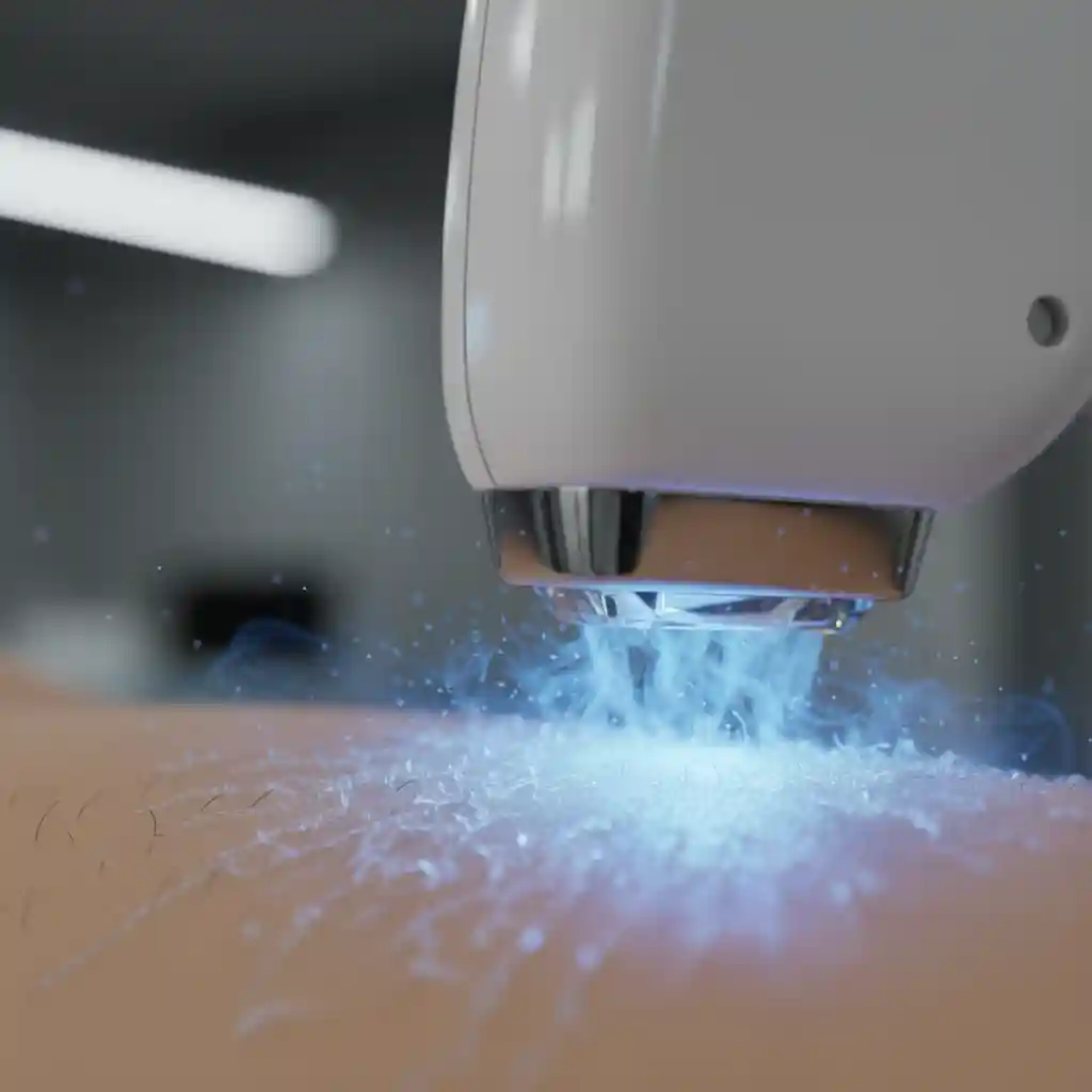 Advanced laser technology featuring a Dynamic Cooling Device that sprays cryogen to protect the skin and minimize pain during permanent facial hair removal for men sessions.