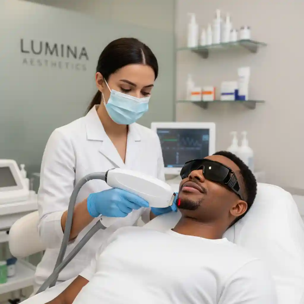 Illustration of an Nd:YAG laser targeting hair follicles deep in darker skin tones safely, making permanent facial hair removal for men effective for all skin types.