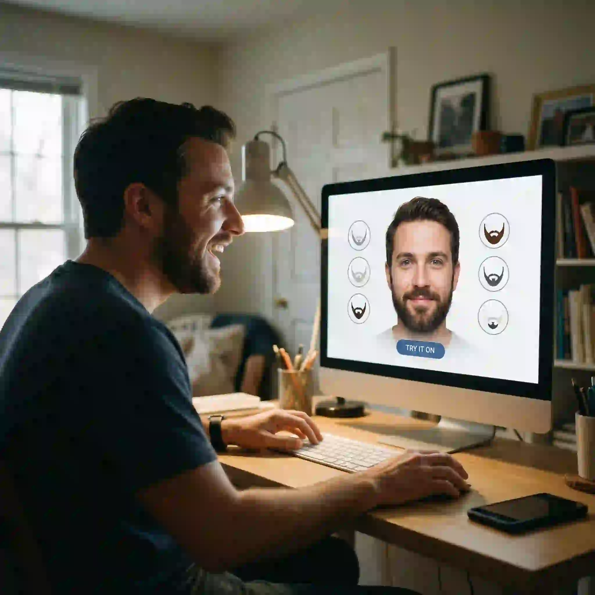 An AI visualization room demonstrating virtual beard styles by face shape where a user easily scrolls through multiple realistic stubble and goatee options.