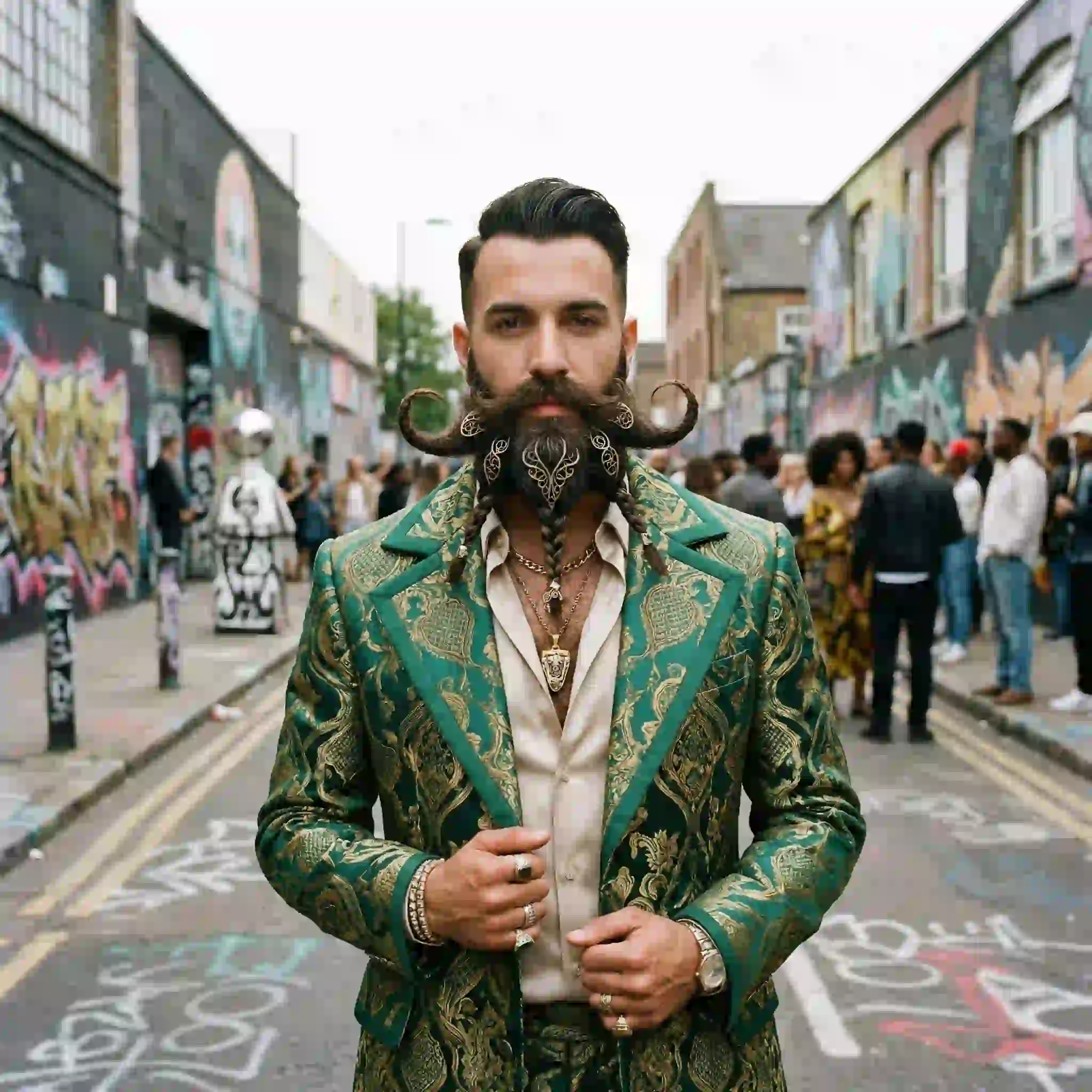 Trendsetting unique beard styles by face shape applied to a heart structured face, showing a bold disconnected mustache for a highly fashioned statement.