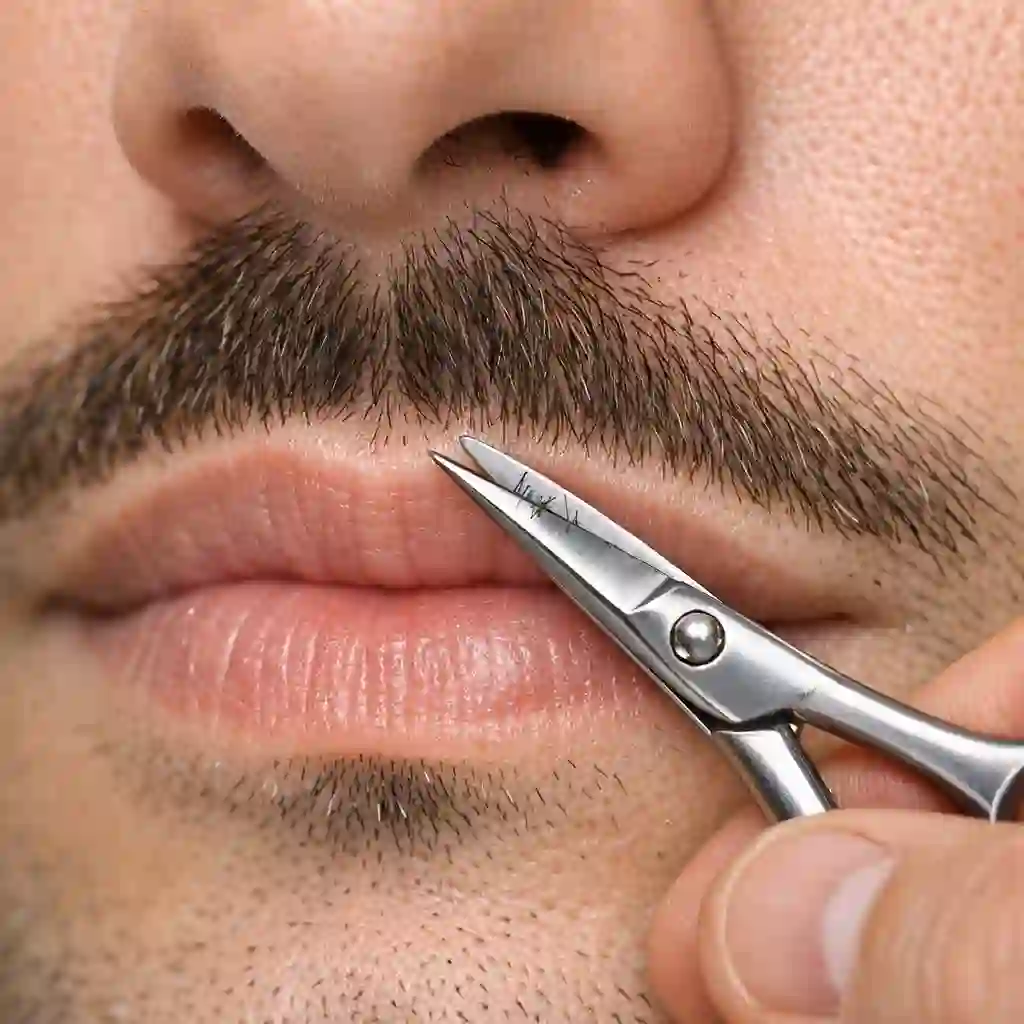Carefully trimming the upper lip line with specialized beard scissors, demonstrating a highly vital maintenance and grooming step for any mustache or full beard styles to remain pristine.