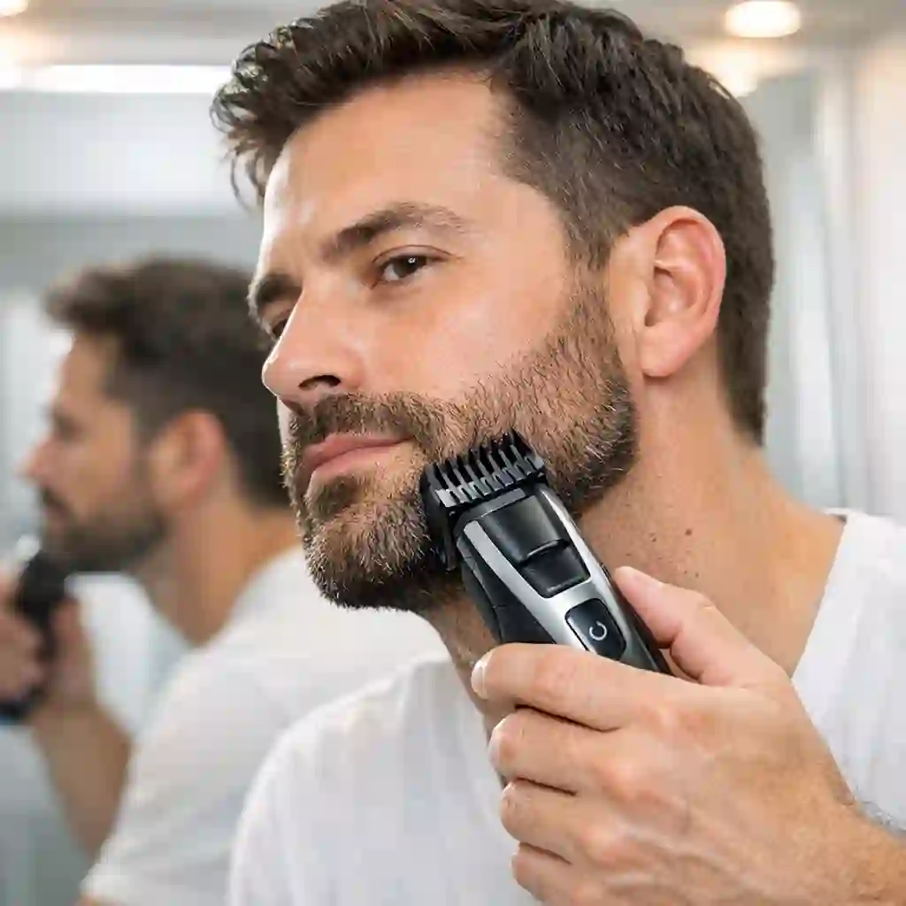 Expertly using an electric trimmer to set a completely uniform hair length, showcasing a highly practical step-by-step grooming technique designed to maintain perfect evenness across different beard styles.