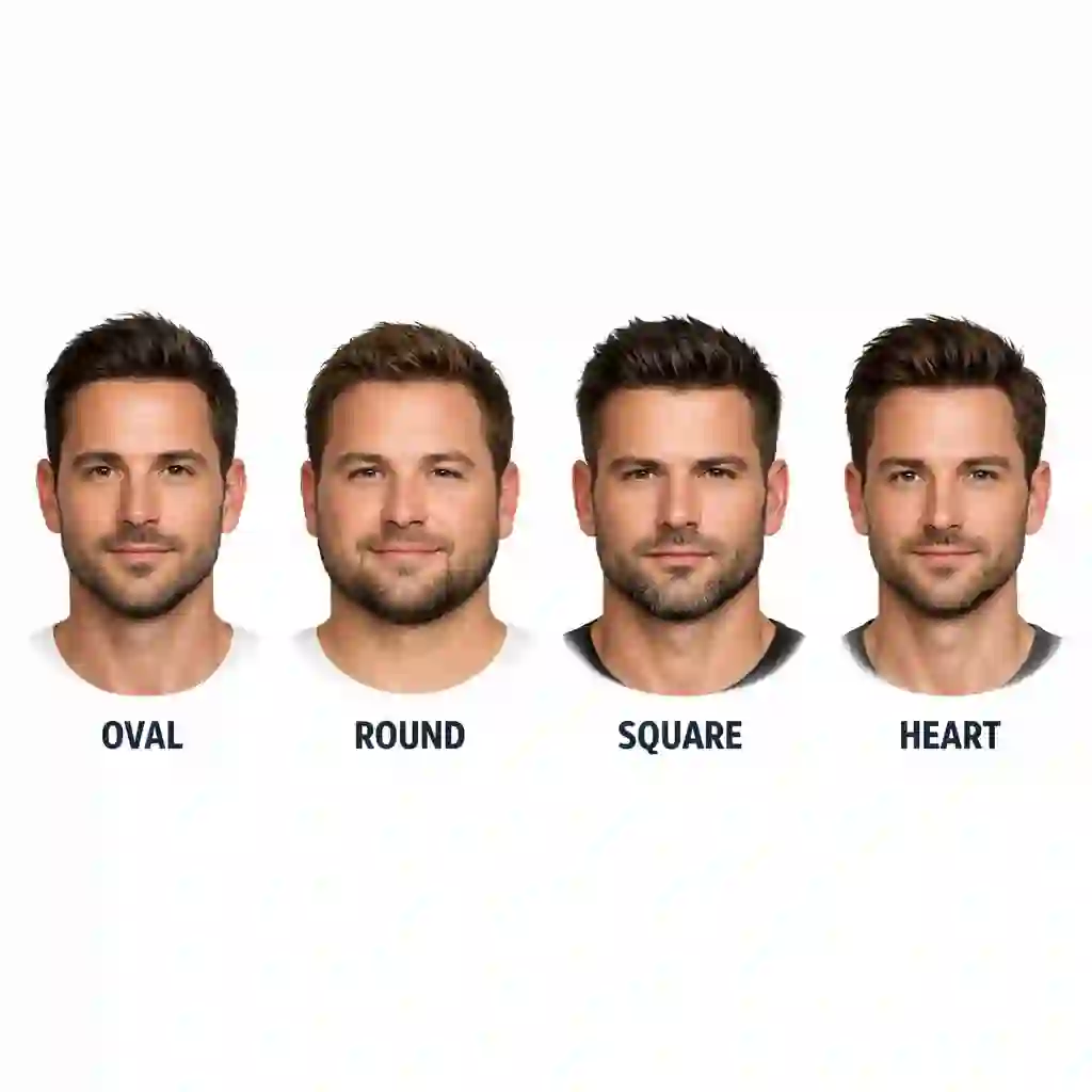 An illustration demonstrating the importance of face shape matching techniques, showing how various facial hair and beard styles guide men toward the ideal oval face proportion.