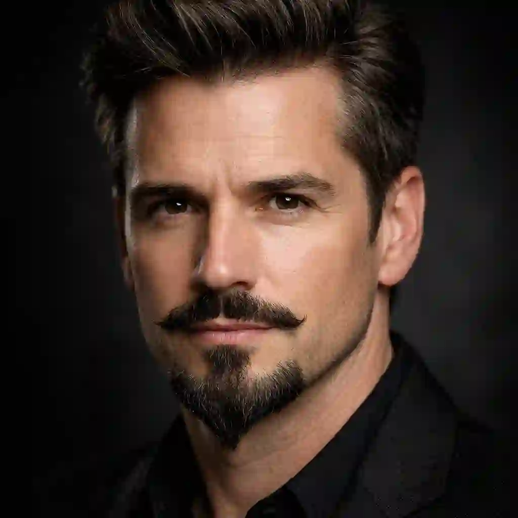 A sophisticated Van Dyke look featuring a disconnected mustache and goatee, worn by a modern gentleman exploring artistic beard styles that maintain completely clean-shaven lower cheeks.