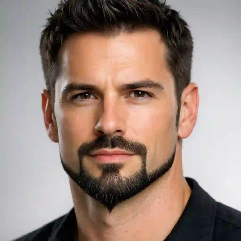 A stylish man displaying a sharp Anchor Beard, a pointed chin beard paired with a classic mustache to create modern, angular beard styles for round faces.