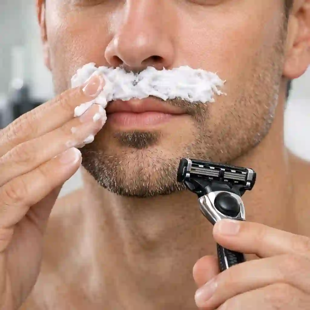 A detailed shot of a razor being used to cleanly shave the upper lip, the defining action that transforms a full beard into a sharp beard without mustache and creates the characteristic bold separation that defines this style.