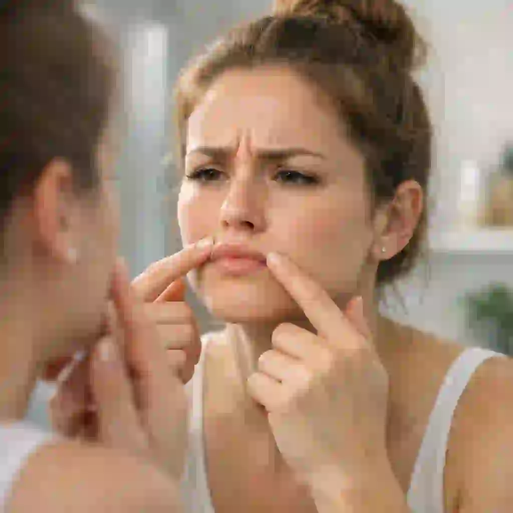 A woman looking in the mirror, feeling frustrated and thinking about the best and most effective methods to get rid of facial hair permanently at home for a smooth, clear, and confident complexion.