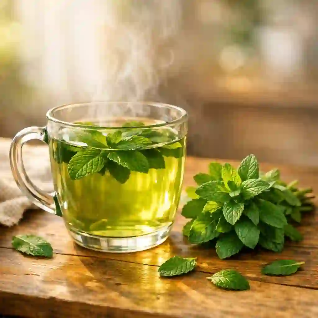 A warm and soothing cup of fresh spearmint tea, known for its natural anti-androgenic effects that help balance hormones internally for individuals trying to get rid of facial hair permanently at home.