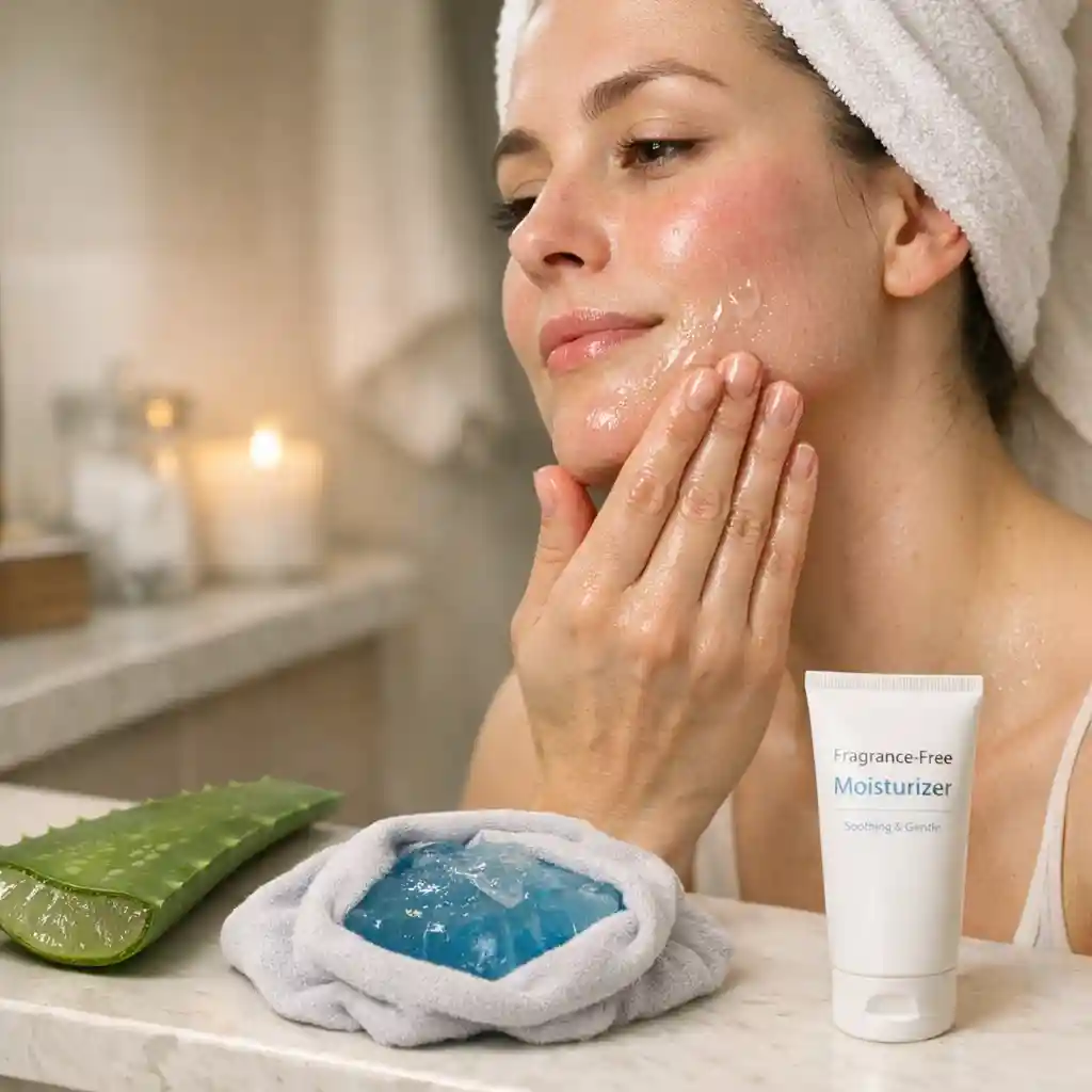 A person gently applying pure and cooling aloe vera gel onto their face to intensely soothe the skin and reduce redness immediately after steps taken to get rid of facial hair permanently at home.