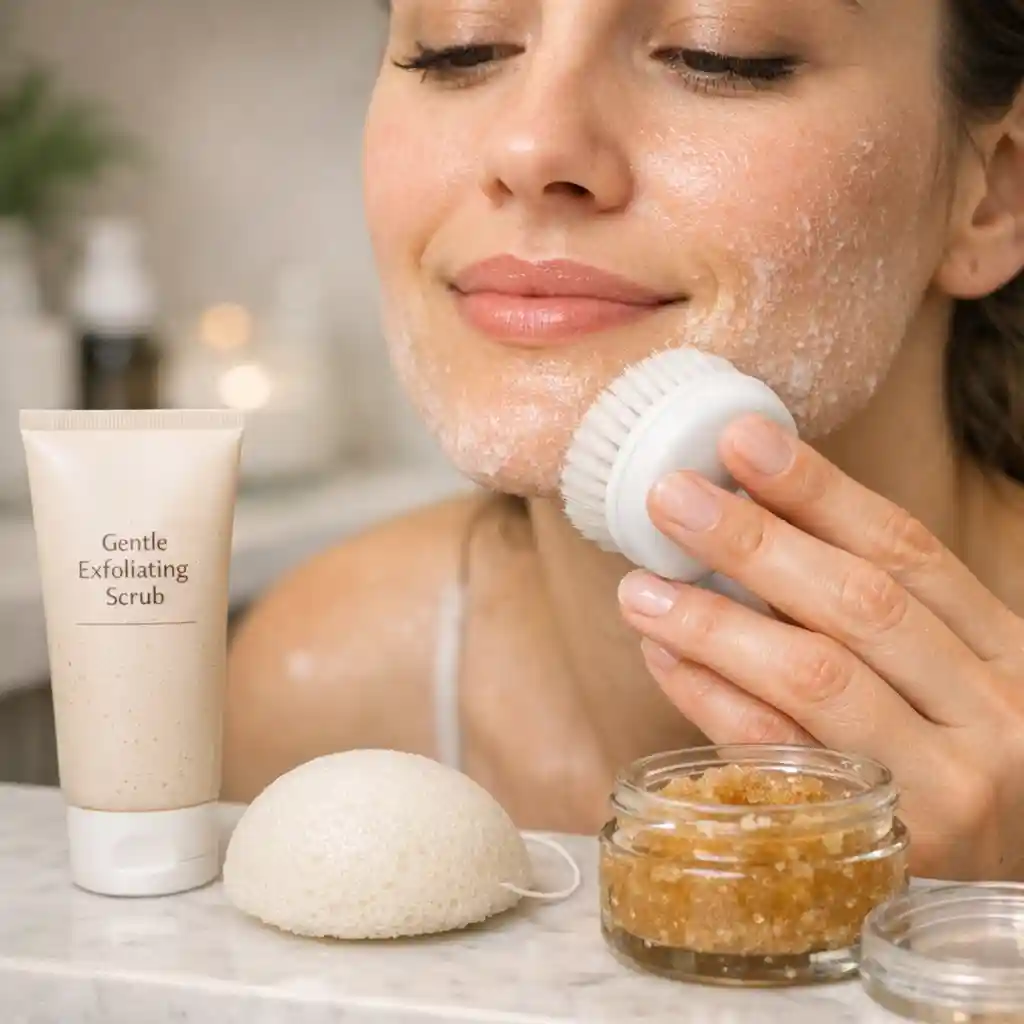 A woman performing a gentle physical exfoliation routine on her skin using a soft washcloth to clear dead cells, prevent painful ingrown hairs, and help get rid of facial hair permanently at home.