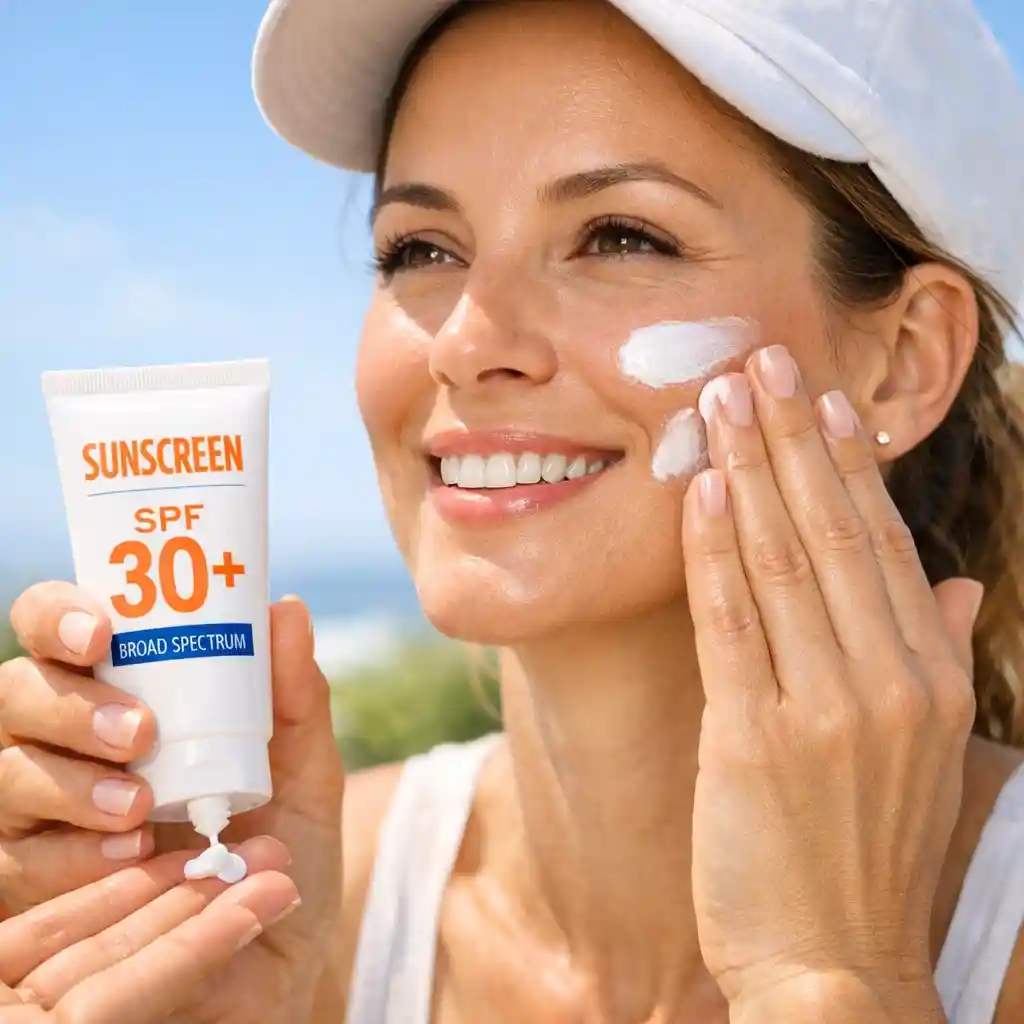 A person carefully applying a generous layer of broad-spectrum SPF sunscreen to protect their freshly treated, sensitive facial skin from harsh sun damage after working to get rid of facial hair permanently at home.