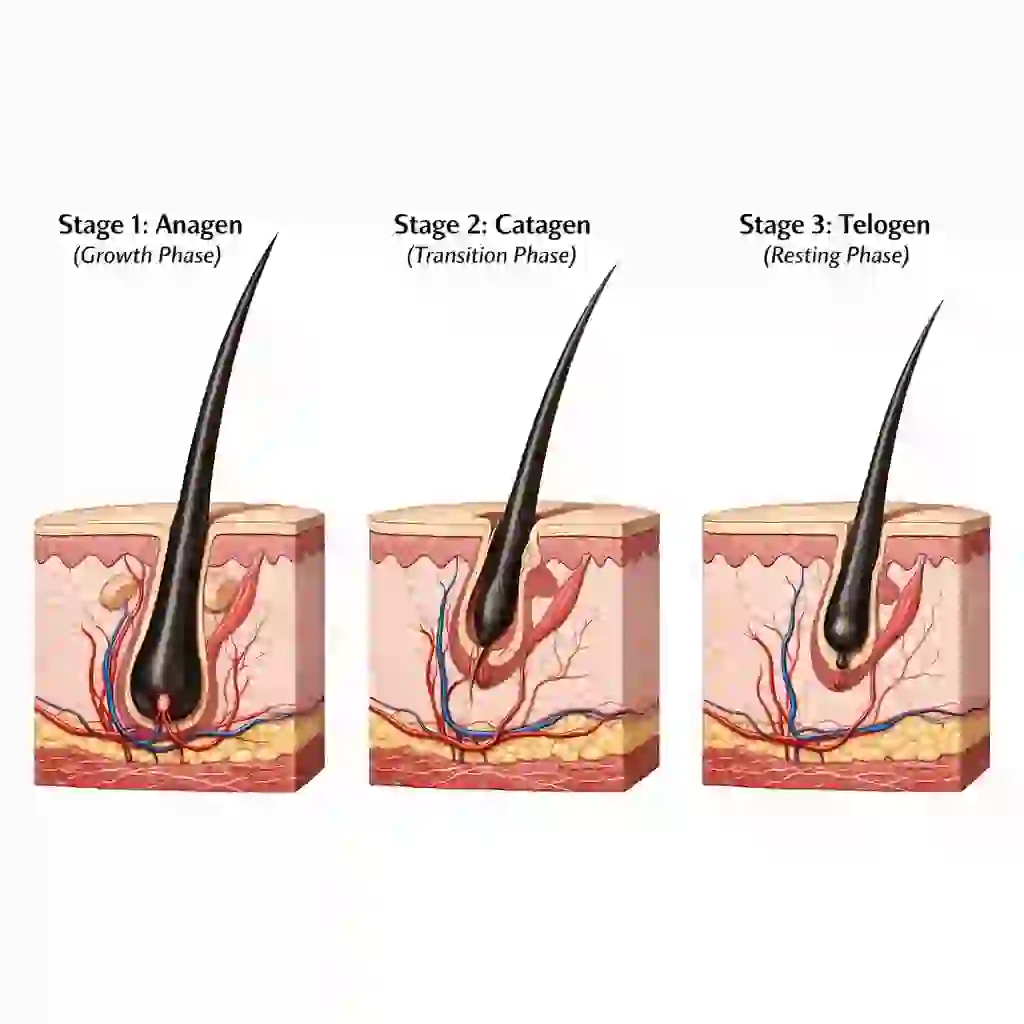 An educational illustration showing the three stages of the hair growth cycle—anagen, catagen, and telogen—which is crucial to understand when trying to get rid of facial hair permanently at home effectively and safely.